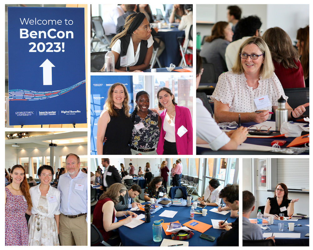 Collage of images from BenCon2023 including groups of people at tables and posed in groups