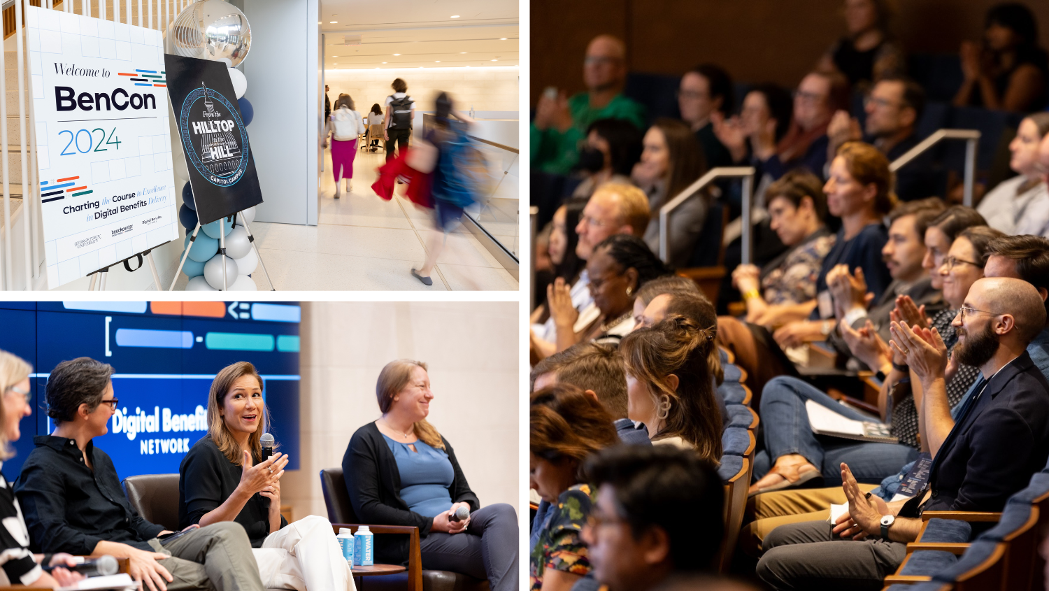 Opening scenes at BenCon 2024: welcome signage, audience, and panel featuring nonprofit executives, Lynn Overmann, executive director of the Beeck Center, Amanda Renteria, CEO of Code for America, and Hillary Hartley, CEO of U.S. Digital Response.