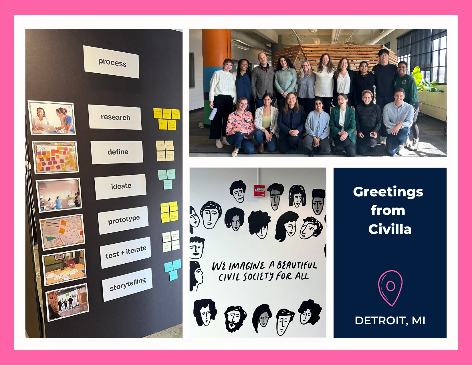 Post card with text Greetings from Civilla, Detroit, MI and photos from the Civilla studio including their design process, a group photo, and a mural saying "We imagine a beautiful civil society for all"