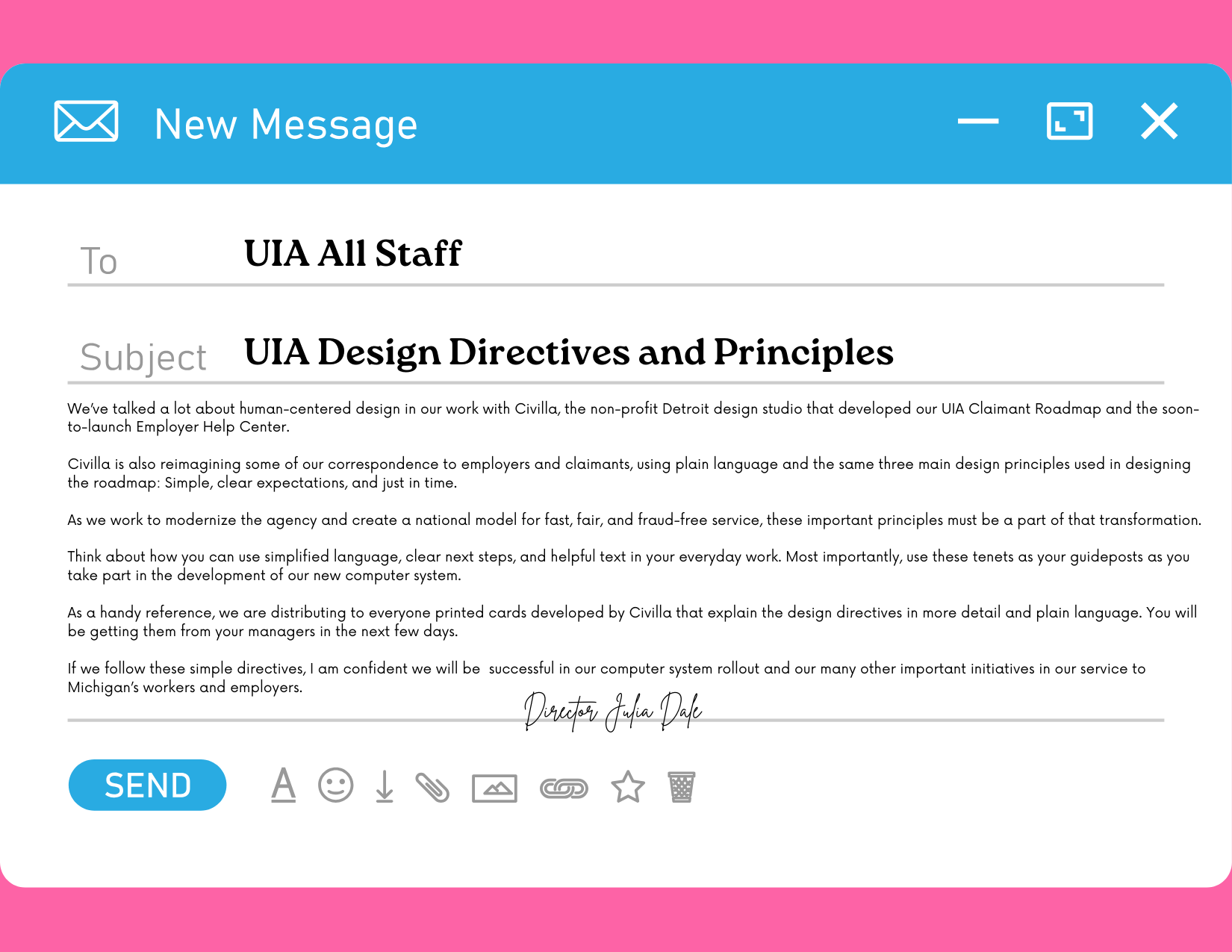 Illustration depicting an email that UIA Director Julia Dale sent to staff about the UIA Design Directives and Principles developed with Civilla