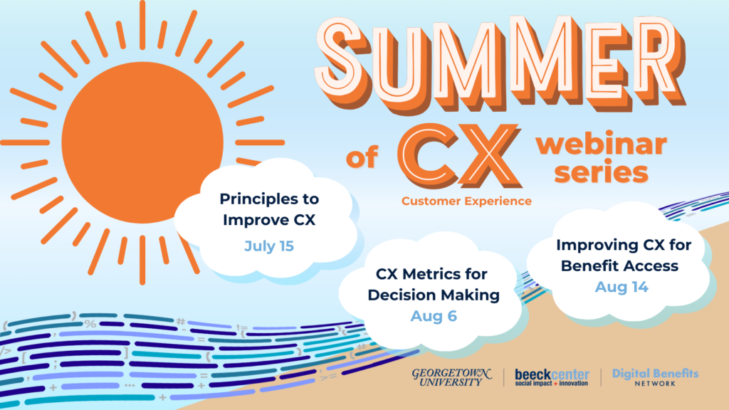 Graphic promoting Summer of CX with sun and beach graphic made with lines of code. 