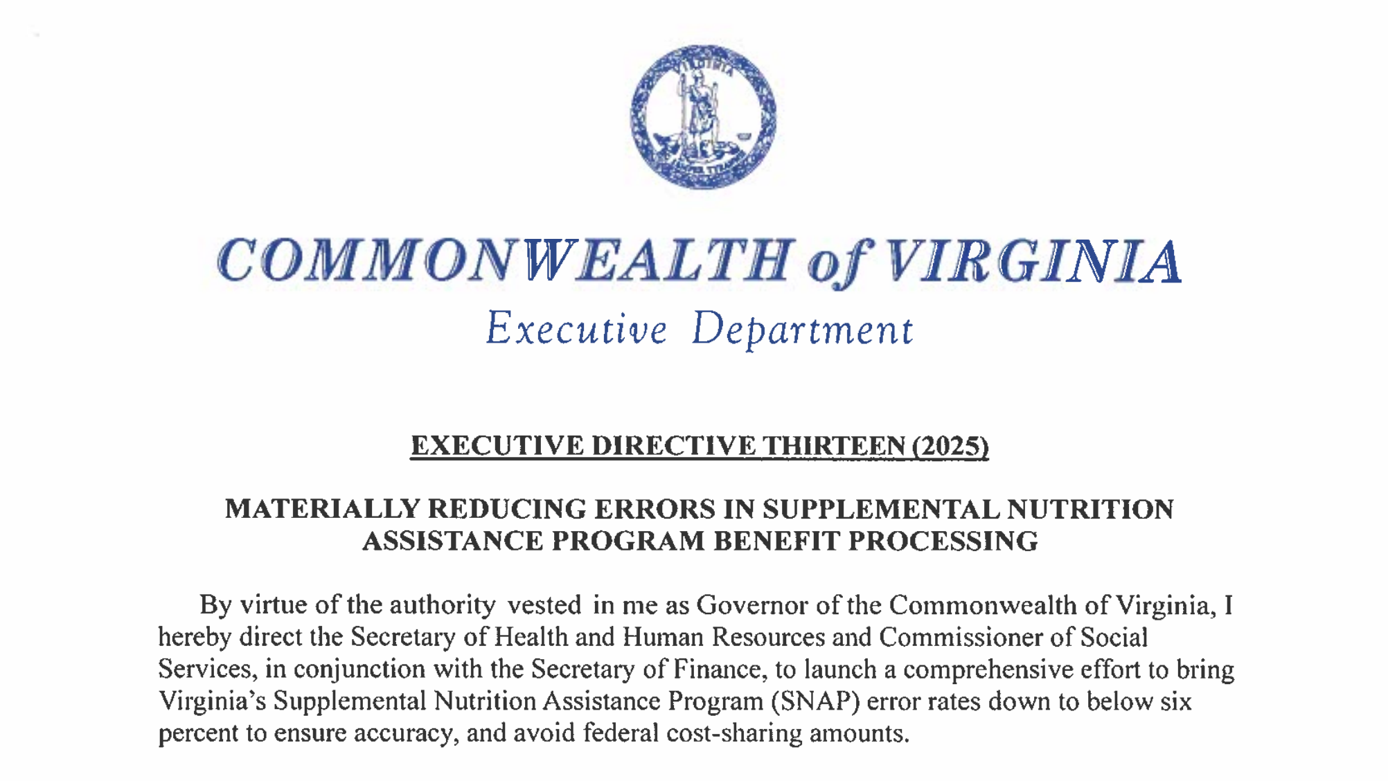 Virginia Executive Directive Thirteen (2025): Materially Reducing ...
