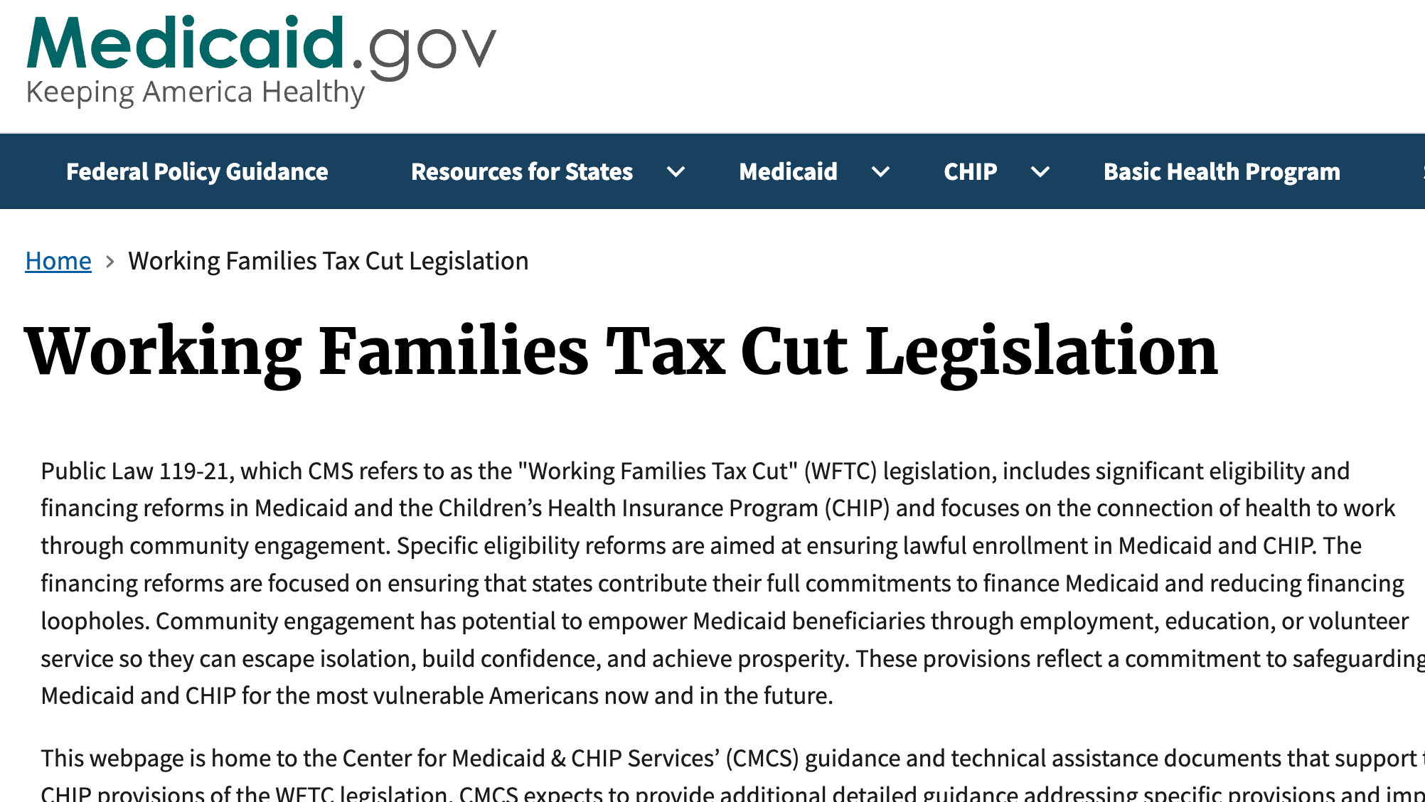 CMS Guidance: Working Families Tax Cut Legislation - Digital Government Hub