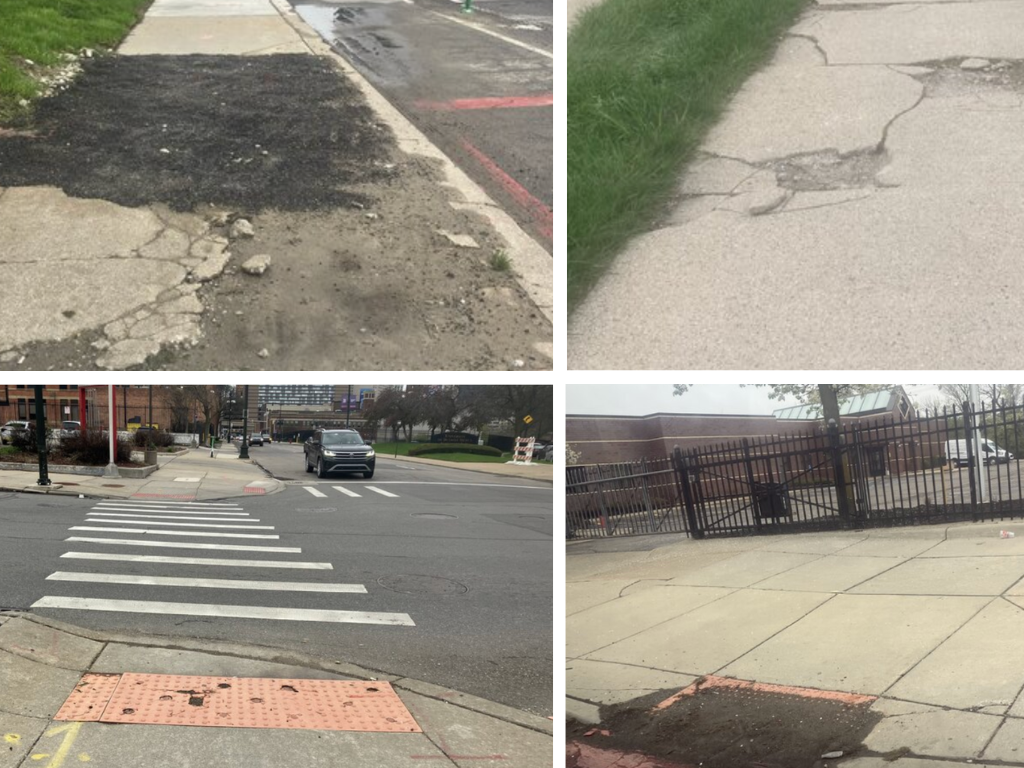 A series of four images documenting sidewalk issues on Detroit streets: top left shows a patch of degraded pavement transitioning into a cracked sidewalk; top right displays a crater in a concrete walkway; bottom left captures a crosswalk approach with a damaged, uneven ADA tactile warning pad; bottom right highlights a deteriorating ADA pad embedded in a cracked sidewalk near a fenced parking lot and building. Photo credit: Bridget Scallen, via the Improve Detroit app.